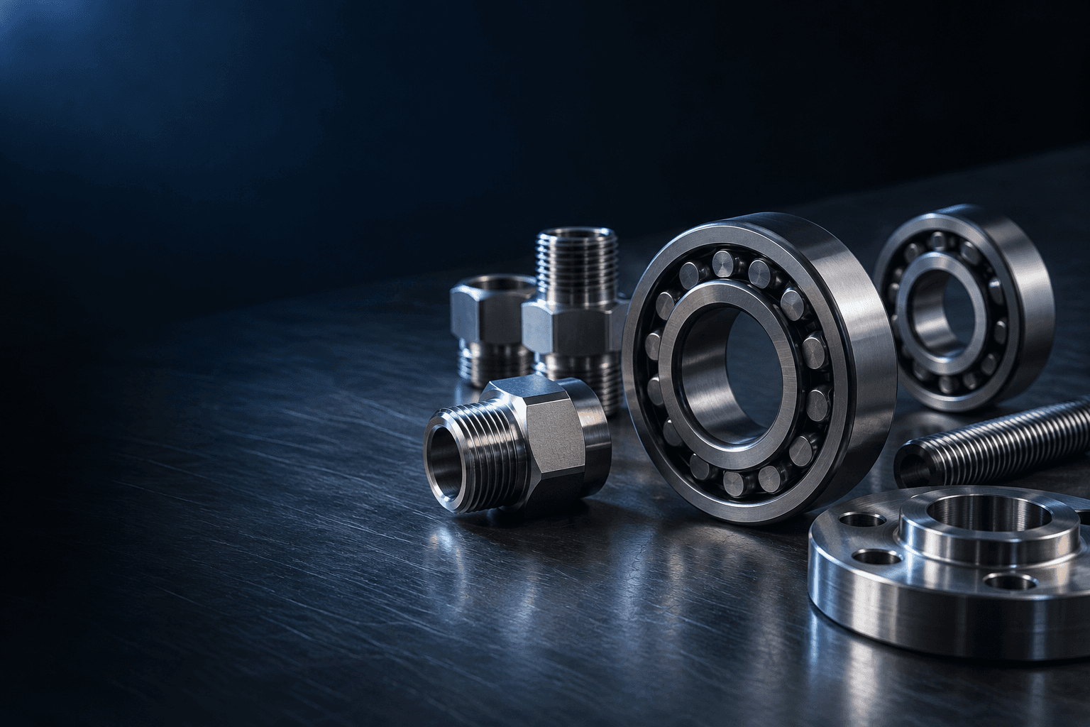 Precision bearings, fittings and a machined flange arranged on a dark steel worktop
