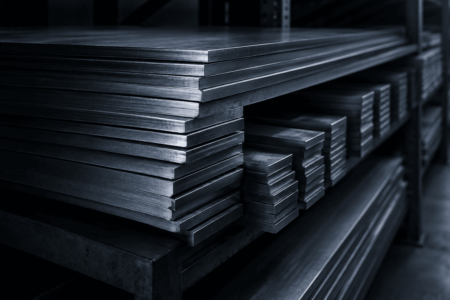Stacked steel sheet and flat bar stock aligned on a warehouse rack